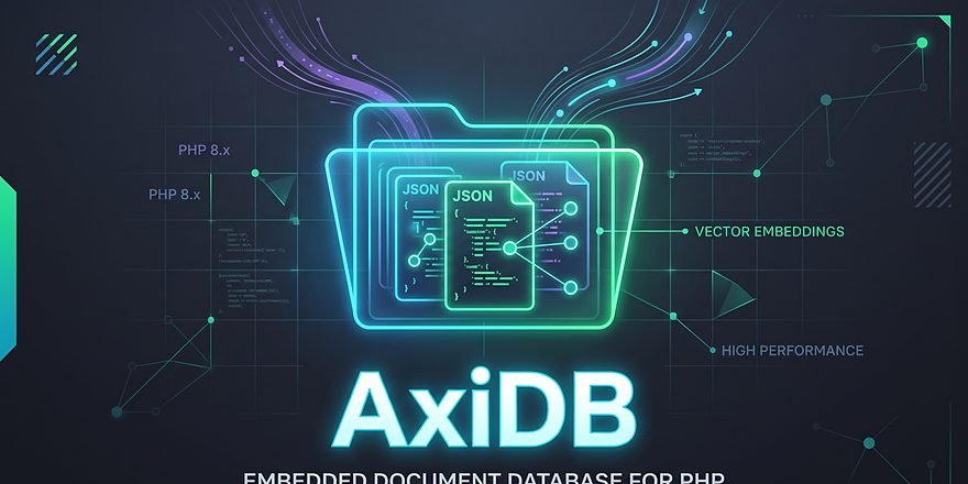 Imagen de marca de AxiDB: una carpeta con documentos JSON y el lema «Embedded document database for PHP»