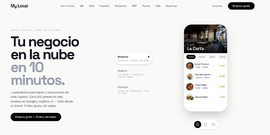 Portada de mylocal.es: «Tu negocio en la nube en 10 minutos» junto a una carta digital en el móvil