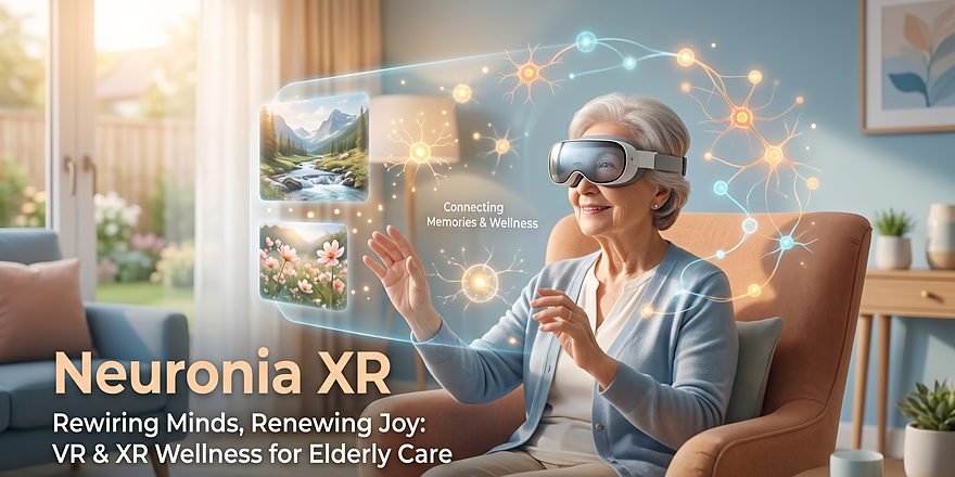 Imagen de marca de Neuronia XR: una mujer mayor sonríe con unas gafas de realidad virtual en un salón